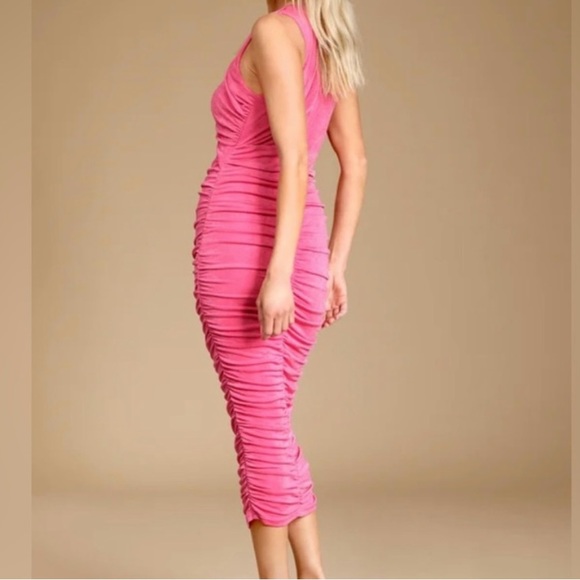 LULUS Pink Ruched Cutout Bodycon Midi Dress - Picture 4 of 8